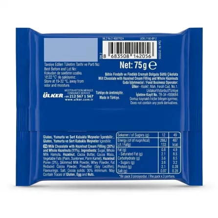 Enhanced Back of Ülker Çikolata Fındık Rüyası chocolate bar showing ingredients and barcode