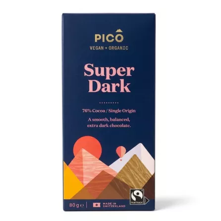 Enhanced Front of Pico Super Dark Vegan Organic Chocolate 80g bar showing product branding and certifications