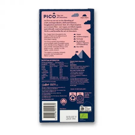Enhanced Back of Pico Super Dark Vegan Organic Chocolate 80g bar with ingredients, certifications, and nutrition information