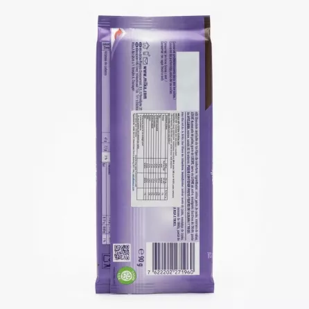 A professional e-commerce product photograph showing the back of a Milka 45% Cacao Alpine Milk Chocolate bar (90g), featuring clear ingredient lists in multiple languages, nutritional information, and a distinct barcode.