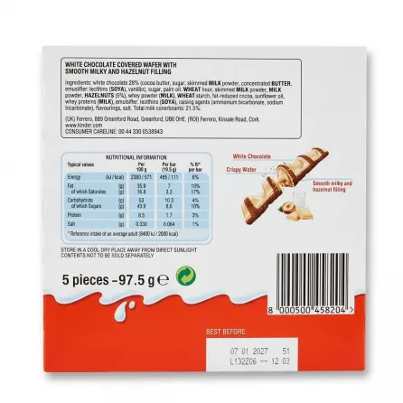 Enhanced Back of Kinder Bueno White Chocolate Wafer box with ingredients, nutritional information, and barcode