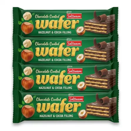 Enhanced Four packs of Sultanm Chocolate Coated Wafer Hazelnut & Cocoa bars in green packages