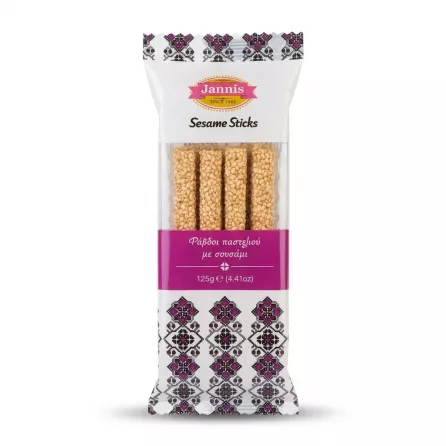 Enhanced Front view of Jannis Sesame Sticks 125g package