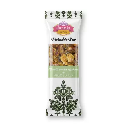 Enhanced Front packaging of Jannis Pistachio Bar 40g showing product and branding