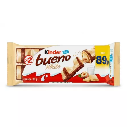 Enhanced Kinder Bueno White Chocolate Bar front packaging with price