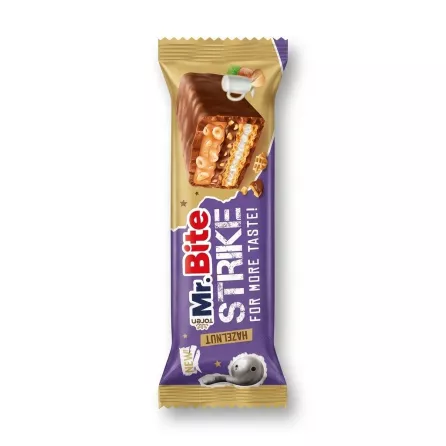 Enhanced Mr. Bite Strike Hazelnut Bar showing front packaging with hazelnut and nougat layers