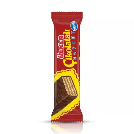 A front-view professional studio photograph of a single Ülker Çikolatalı Gofret chocolate wafer bar in its distinctive red and yellow wrapper, isolated against a white background with soft, symmetrical shadows. A high-resolution, professional studio product photograph of a single Ülker Çikolatalı Gofret chocolate wafer bar, based on the wrapper from image_0.png. The bar is perfectly centered and vertically oriented, filling 85% of the square (1:1 aspect ratio) frame, positioned against a seamless, pure white background. The entire product, with its red and yellow wrapper, is sharply focused. The red upper part features the vertical "Ülker Çikolatalı GOFRET" text, identical in font and placement to image_0.png, with the small blue circular "NEFİS" logo. Below this, the yellow scalloped section displaying the graphic of the detailed, multi-layered wafer bar cross-section is prominent. The product is meticulously cleaned of all handling marks, creases, or minor imperfections. The crimped ends are neat and detailed. No hands, people, floor, or other store elements are visible. The lighting is soft and even professional studio lighting, creating a bright and clean presentation. Below the bar, a soft, symmetrical contact shadow and a wider soft reflection are cast, creating a clean, balanced look on both sides of the vertical product. The edges are perfectly clean.