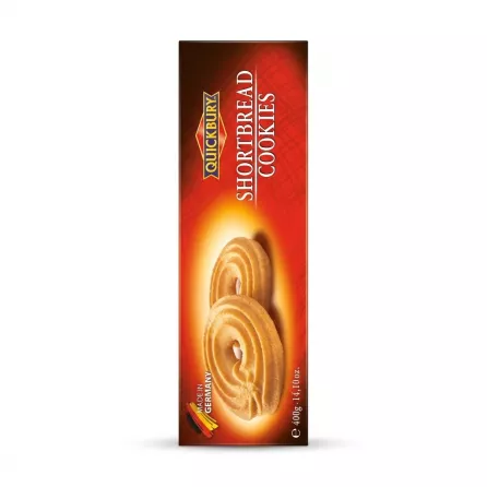 Enhanced Front of Quickbury Shortbread Cookies 400g box with product image