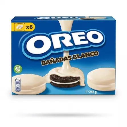 Enhanced Front of Oreo Bañadas Blanco White Chocolate Biscuits box showing product and branding