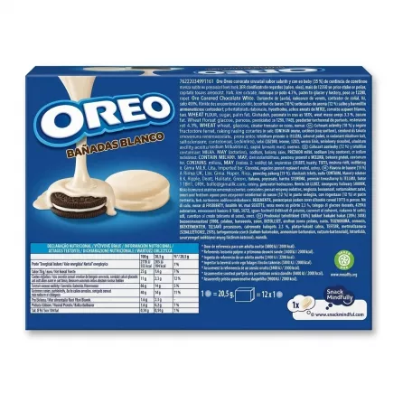 Enhanced Back of Oreo Bañadas Blanco box displaying nutritional information and ingredients
