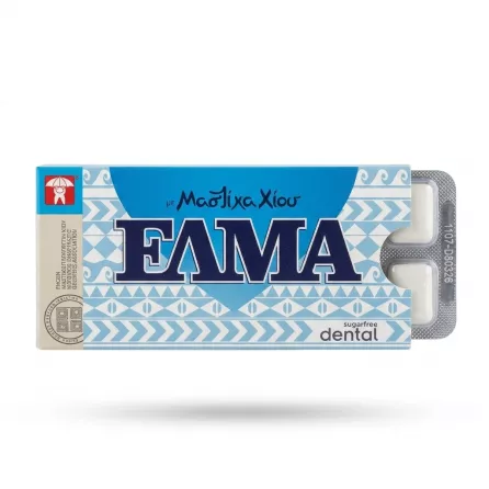 A professional e-commerce product photograph of a single pack of ELMA Dental Sugarfree Chewing Gum with Chios Mastic, centered on a clean white background with soft, symmetrical shadows. The light blue and white packaging is crisp, and the exposed blister pack shows two white gum pellets on the right.