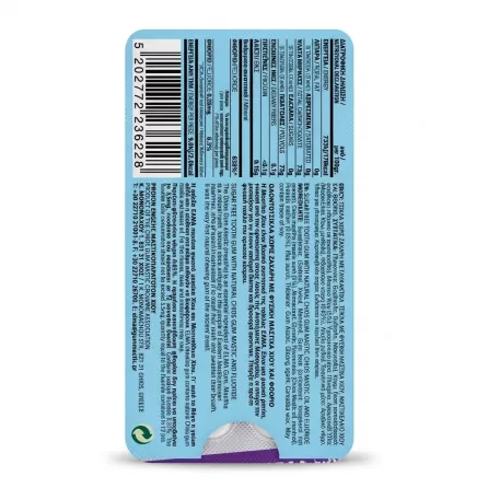 Enhanced Back of ELMA Dental Sugarfree Chewing Gum pack showing ingredients and barcode