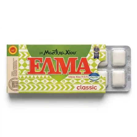Enhanced ELMA Mastic Gum Classic box with blister pack of gum pieces
