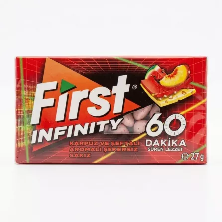 Enhanced Front view of First Infinity watermelon and peach flavoured sugarfree gum 27g pack