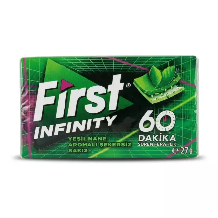 Enhanced Front of First Infinity Mint Chewing Gum 27g pack held in hand