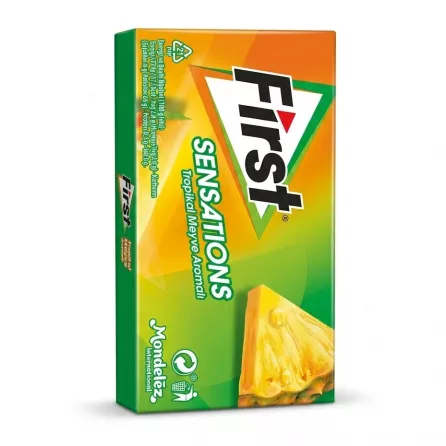 Enhanced Rear view of First Sensations Tropical Fruit Chewing Gum pack showing Mondelez logo