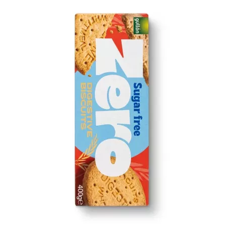 A 1:1 professional e-commerce product photograph featuring a front view of a Gullon Zero Sugar Free Digestive Biscuits 400g cardboard box against a clean white background. The packaging is centered and sharply in focus, displaying the prominent large white 'ZERO' text with biscuits visible through the letters, blue and red side panels, and text clearly indicating 'Digestive Biscuits' and 'Sugar Free' with wheat sheaf illustrations and '400ge' size marking. Equal soft shadows are present on both sides.