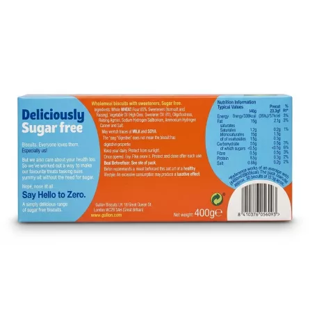 Back view of a 400g box of Gullon Zero Sugar Free Digestive Biscuits, featuring nutrition facts, ingredient listings, and a barcode on a clean white background.