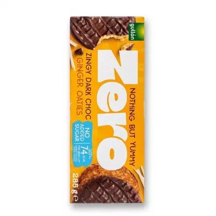 Enhanced Front of Gullón Zero Zingy Dark Choc Ginger Oaties 285g box in hand