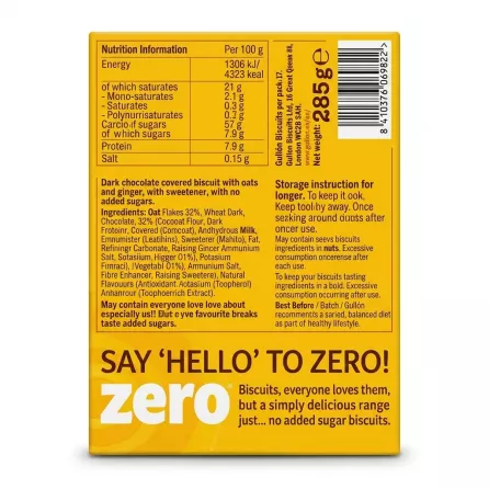 A clear, professional studio photograph of the back packaging for Gullón Zero Zingy Dark Choc Ginger Oaties against a plain white background, highlighting the nutritional information and ingredient details.
