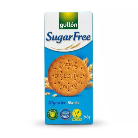 Enhanced Front of Gullón Sugar Free Digestive Biscuits 245g box displaying vegan and high fibre labels