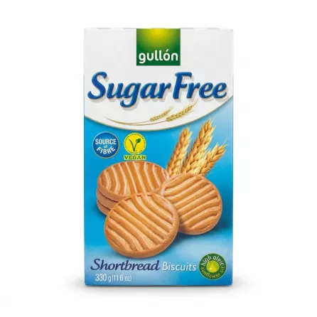 Enhanced Box of Gullón Sugar Free Shortbread Biscuits 330g showing vegan and high fibre icons