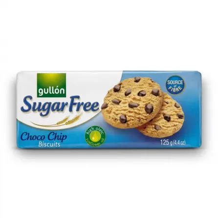 Enhanced Front view of Gullón Sugar Free Choco Chip Biscuits 125g packaging held in hand