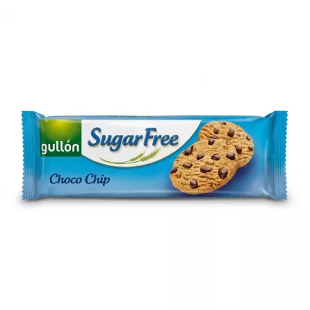 Enhanced Side view of Gullón Sugar Free Choco Chip Biscuits pack showing choco chip biscuits