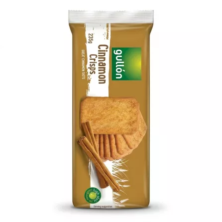 Enhanced Front of Gullón Cinnamon Crisps biscuit pack 235g with cinnamon sticks