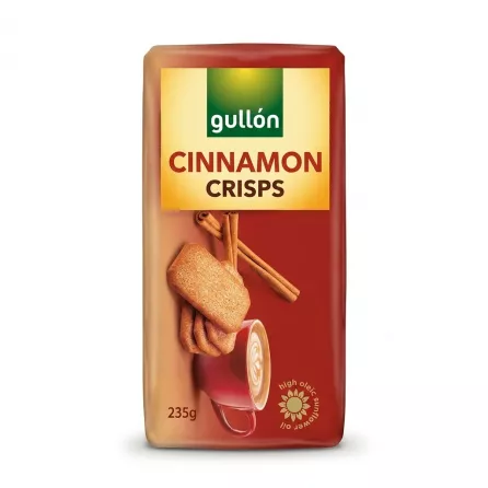 Enhanced Front of Gullón Cinnamon Crisps Biscuits 235g package showing cinnamon sticks and biscuits