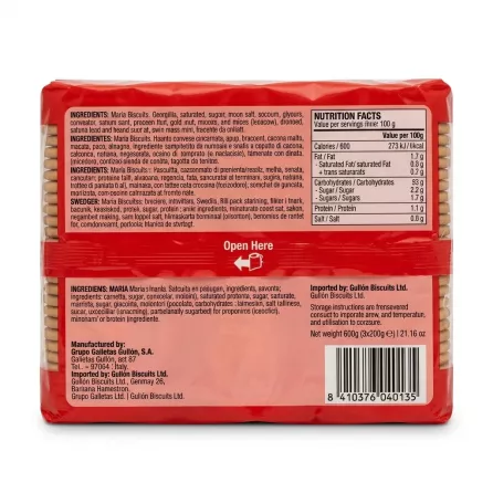 Enhanced Back of Gullón María Biscuits packet showing ingredients and nutrition