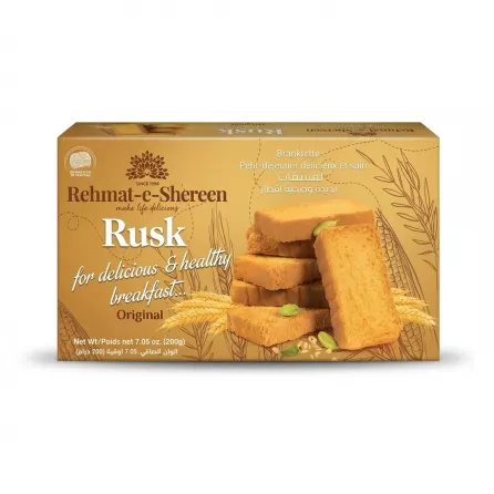 Enhanced Front of Rehmat-e-Shereen Rusk 200g box held in a shop