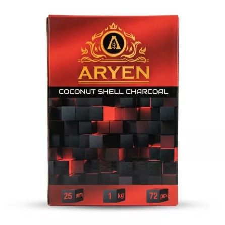 Enhanced Aryen Coconut Shell Charcoal 1kg box front showing 72 pieces and 25mm size