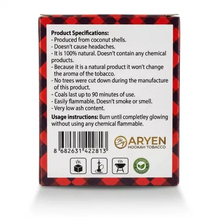 Enhanced Back of Aryen Coconut Shell Charcoal box listing features and specifications