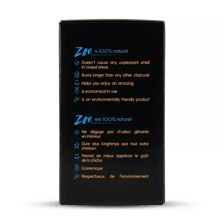 Enhanced Back of Zen Coal Cubes box listing natural benefits and eco-friendly features