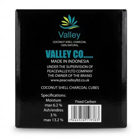 Enhanced Back of Valley Coconut Shell Charcoal box showing specifications and barcode