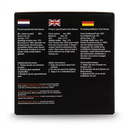 Enhanced Back of Ziné Deluxe Coconut Shell Charcoal box showing product specifications and benefits