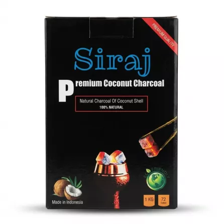 ** A professional studio shot of the Siraj Premium Coconut Charcoal 1kg box. The black box features the Siraj logo, illustrations of glowing charcoal cubes, coconuts, and a 100% Natural label, isolated on a white background.