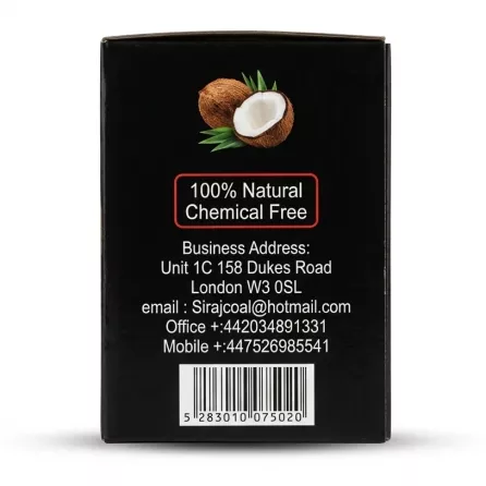 Enhanced Side view of Siraj Coconut Charcoal box with 100% natural chemical-free label and business address