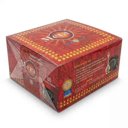 Enhanced Side view of Mera Instant-Light Charcoal Tablets 80 pack showing hand holding box