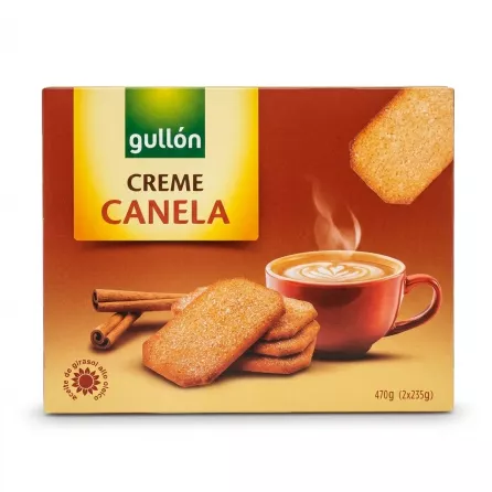 Enhanced Front view of Gullón Creme Canela Biscuits box showing cinnamon biscuits and coffee