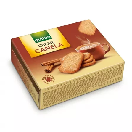 A 3D view of the Gullón Creme Canela biscuits box, showcasing the front packaging with biscuits and cinnamon sticks illustration, alongside a side panel with extensive legal and ingredients text. The product is presented against a seamless white background with professional studio lighting.