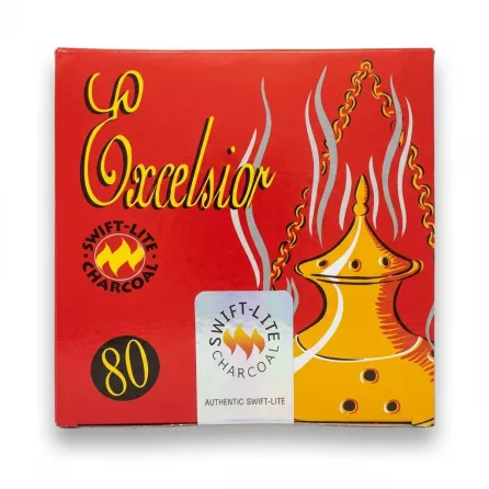 Enhanced Front of Swift-Lite Excelsior Charcoal Tablets 80 pack red box with incense burner illustration