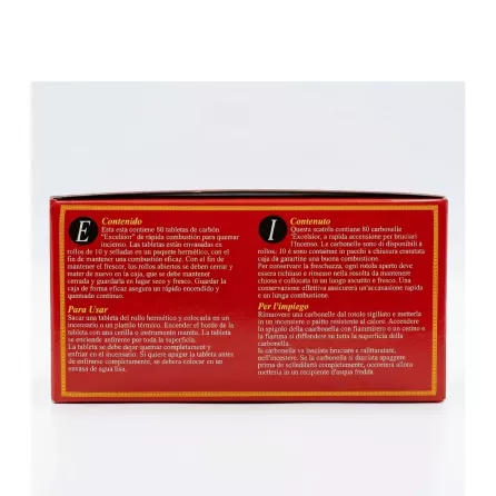 Enhanced Back of Swift-Lite Excelsior Charcoal Tablets box showing instructions in Spanish and Italian