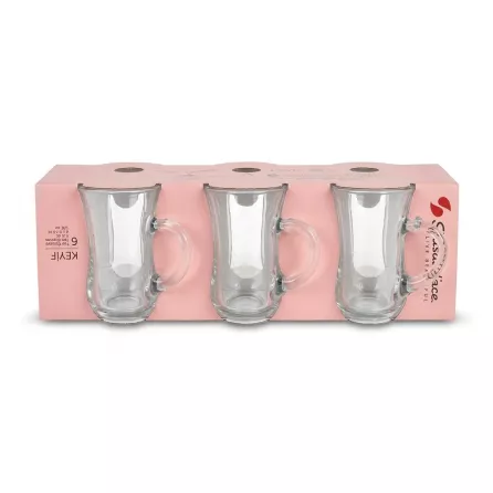 Enhanced Set of three clear glass mugs in LAV Keifi Turkish tea glass packaging on a shop counter