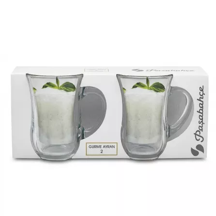 Enhanced Front view of Paşabahçe Gurme Ayran 2-piece handled glass mug set in packaging