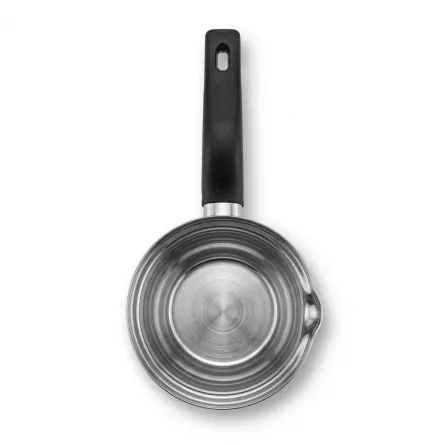 Enhanced Top view of an empty stainless steel coffee warmer held in hand