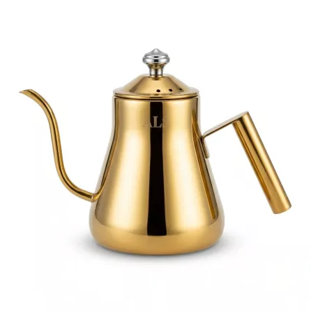 Enhanced Gold gooseneck kettle with vented lid and special offer sticker on countertop
