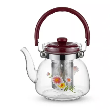 A clear glass teapot with a vibrant floral pattern and a rich red handle, lid, and knob, featuring an internal stainless steel mesh infuser, isolated on a clean white background.