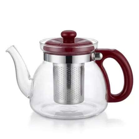 Enhanced Side view of glass teapot with stainless steel infuser and red lid